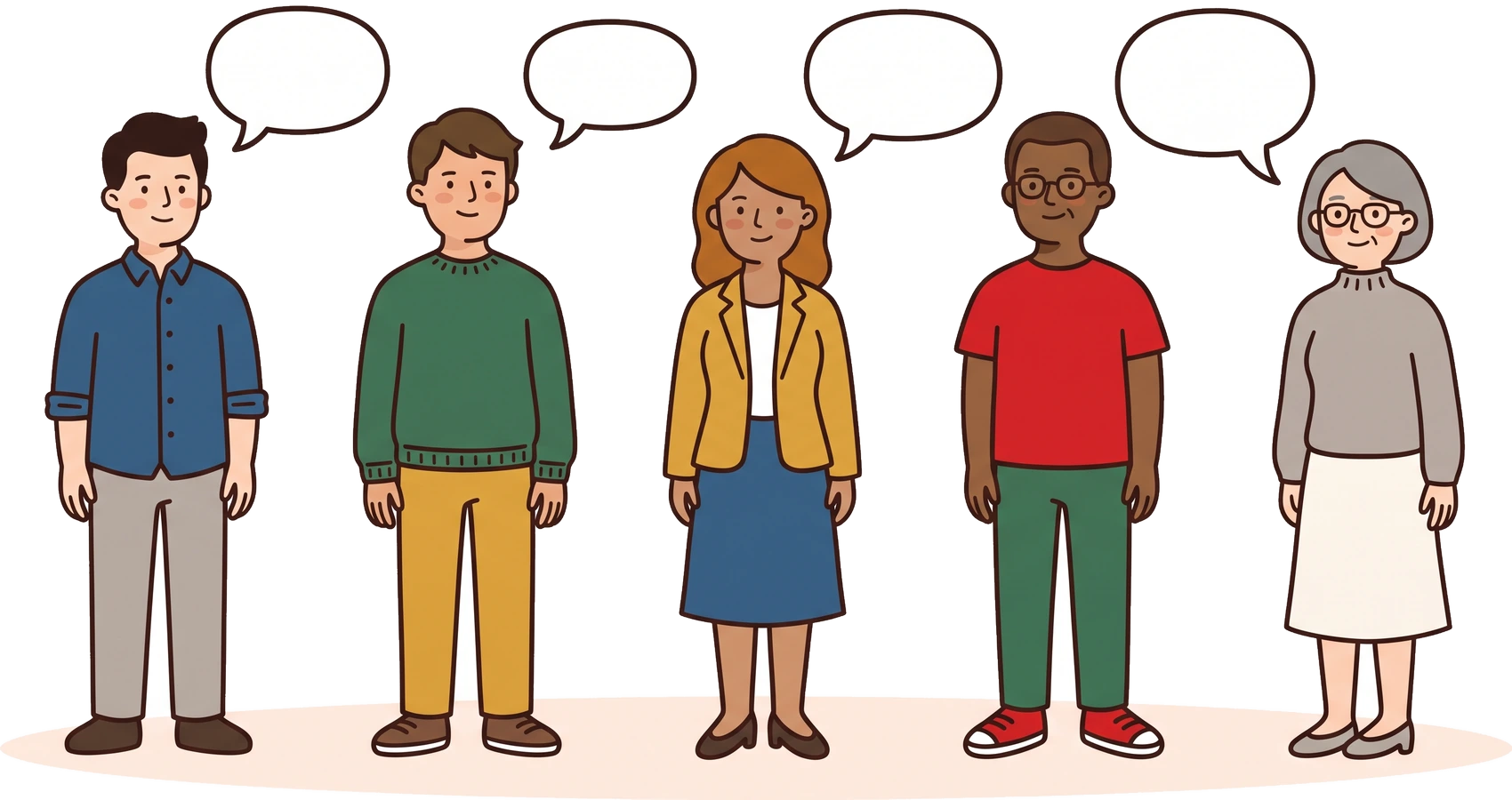 A row of five people, each with a speech bubble above them