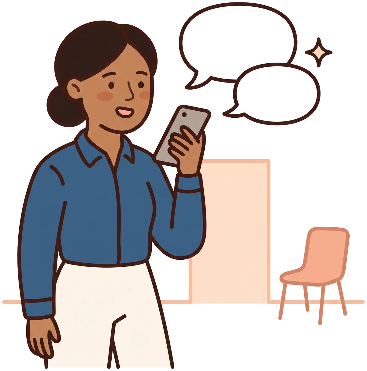 A person in an office holding a phone up and talking into it, with empty speech bubbles beside her