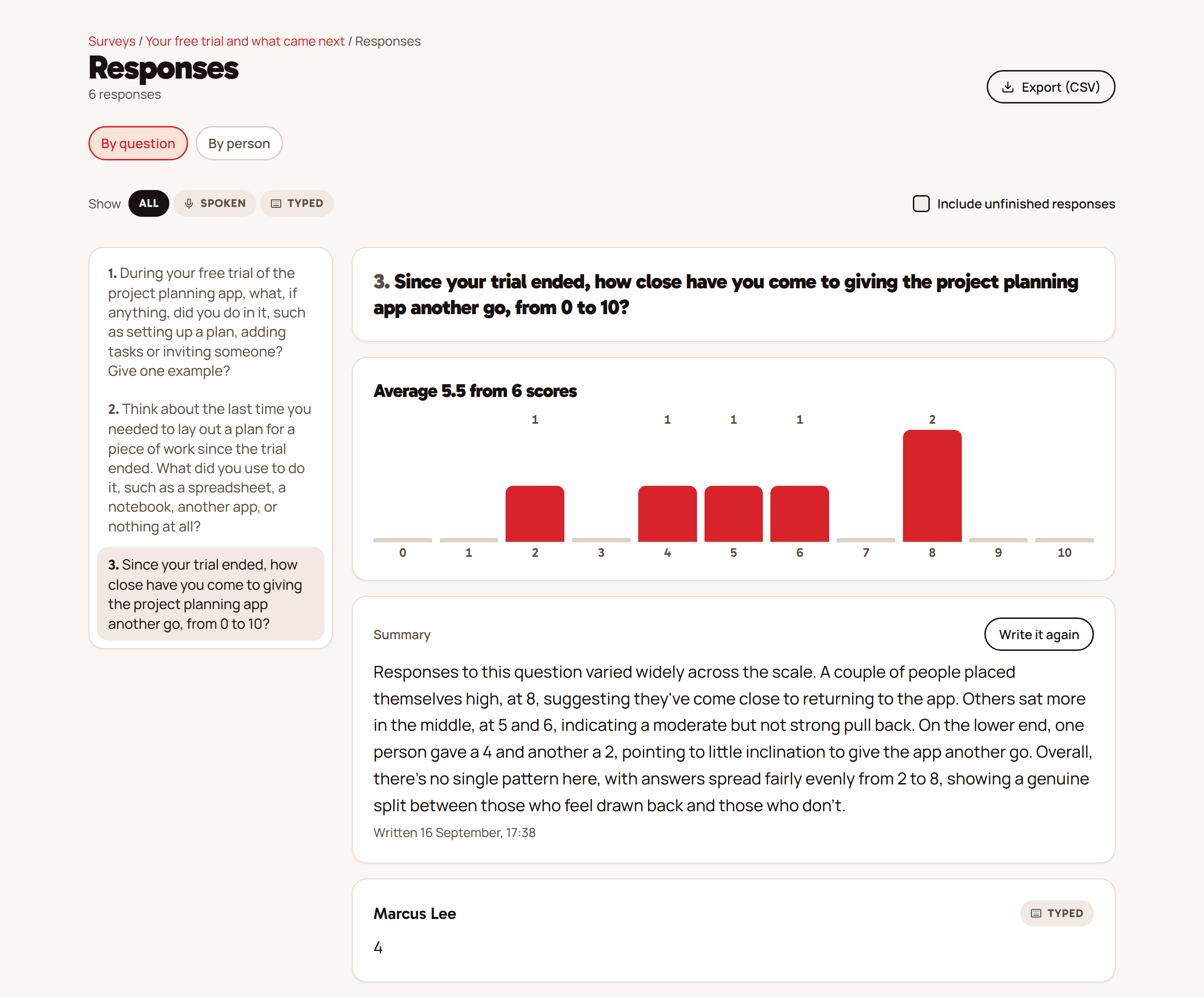 The results view: a 0 to 10 question selected, a column for each score with the average above, a written summary, and one person's answer beneath