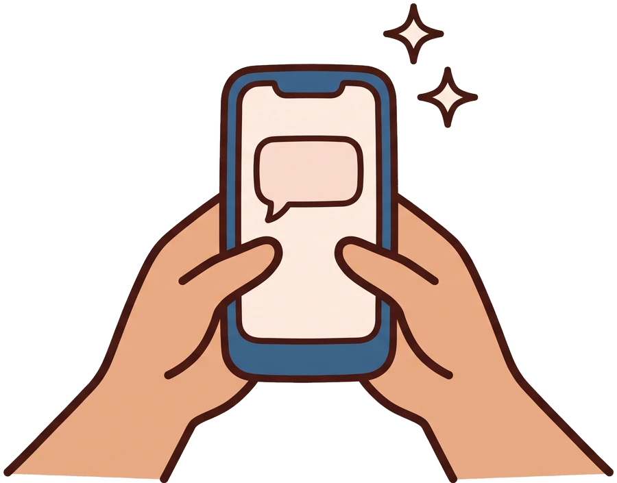 A pair of hands holding a phone showing a single speech bubble